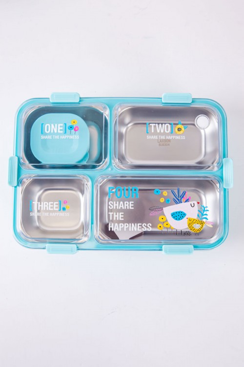 حافظة طعام مدرسية متعددة الألوان مقسمة و مزينة بكتابات و رسومات مع ملعقة و عيدان معدنية