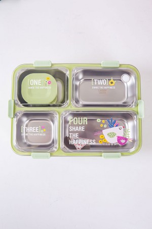 حافظة طعام مدرسية متعددة الألوان مقسمة و مزينة بكتابات و رسومات مع ملعقة و عيدان معدنية 