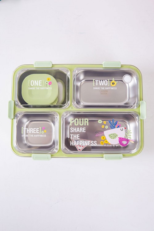 حافظة طعام مدرسية متعددة الألوان مقسمة و مزينة بكتابات و رسومات مع ملعقة و عيدان معدنية
