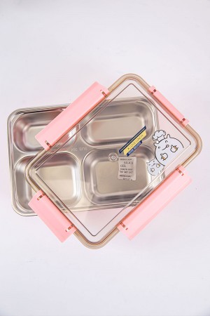 حافظة طعام مدرسية لون وردي مقسمة و مزينة برسومات كرتونية مع ملعقة و عيدان بلاستيكية