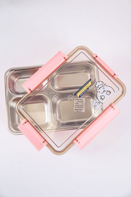 حافظة طعام مدرسية لون وردي مقسمة و مزينة برسومات كرتونية مع ملعقة و عيدان بلاستيكية