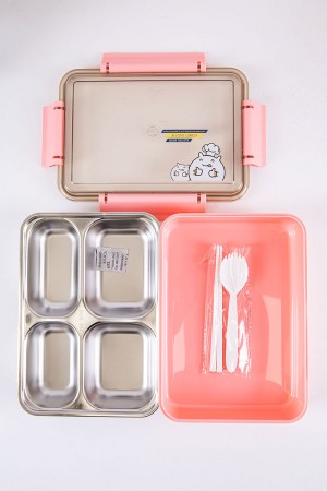 حافظة طعام مدرسية لون وردي مقسمة و مزينة برسومات كرتونية مع ملعقة و عيدان بلاستيكية