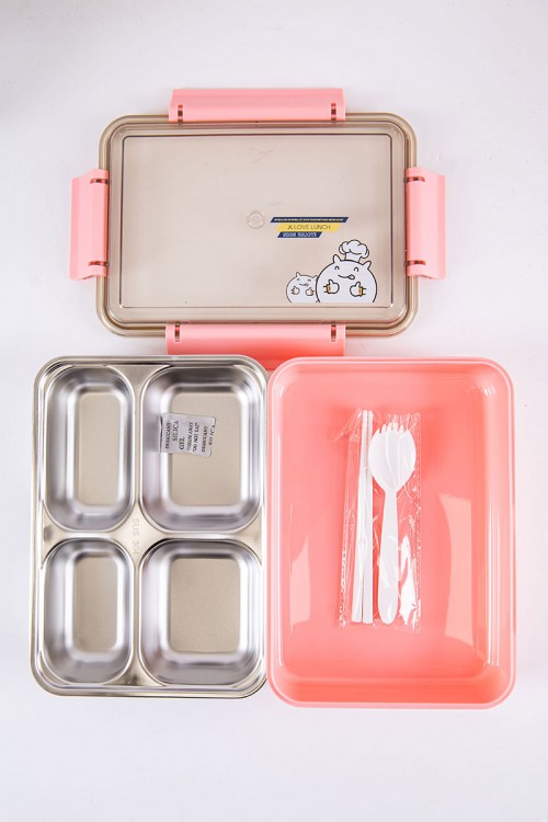 حافظة طعام مدرسية لون وردي مقسمة و مزينة برسومات كرتونية مع ملعقة و عيدان بلاستيكية