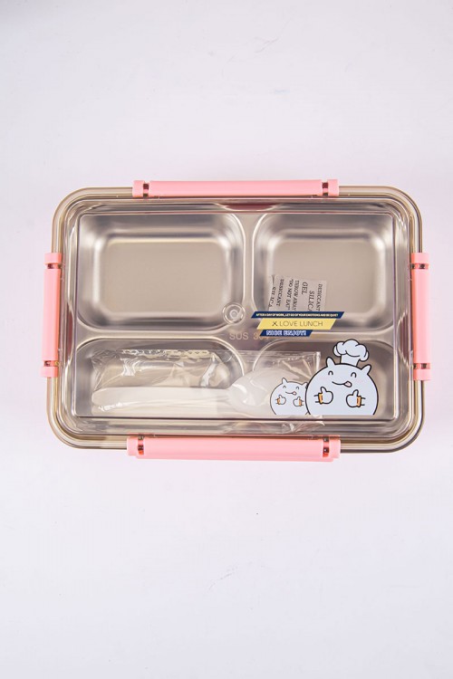 حافظة طعام مدرسية لون وردي مقسمة و مزينة برسومات كرتونية مع ملعقة و عيدان بلاستيكية