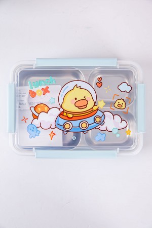 حافظة طعام مدرسية متعددة الألوان مقسمة و مزينة برسومات كرتونية مع ملعقة و شوكة بلاستيك 