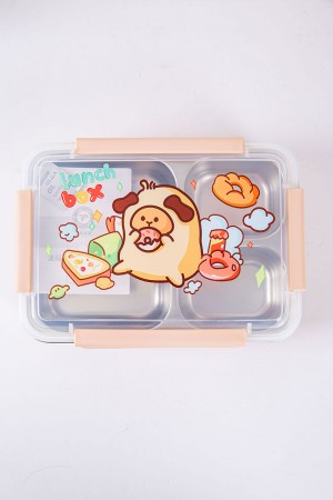حافظة طعام مدرسية متعددة الألوان مقسمة و مزينة برسومات كرتونية مع ملعقة و شوكة بلاستيك 