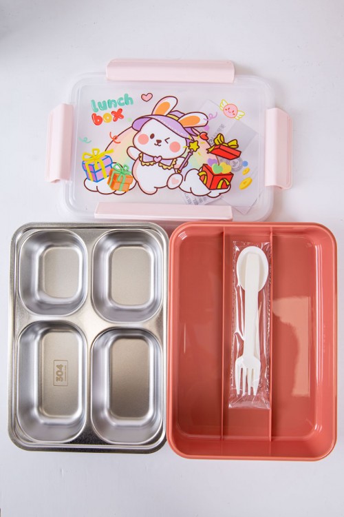 حافظة طعام مدرسية متعددة الألوان مقسمة و مزينة برسومات كرتونية مع ملعقة و شوكة بلاستيك