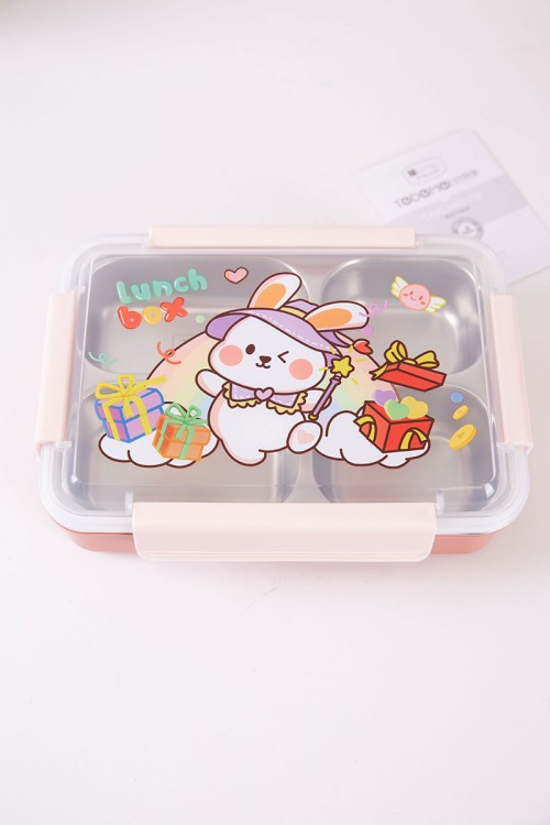 حافظة طعام مدرسية متعددة الألوان مقسمة و مزينة برسومات كرتونية مع ملعقة و شوكة بلاستيك