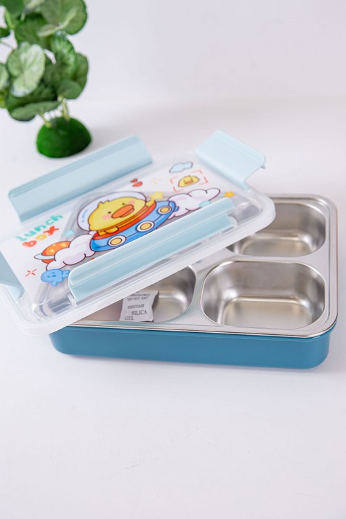 حافظة طعام مدرسية متعددة الألوان مقسمة و مزينة برسومات كرتونية مع ملعقة و شوكة بلاستيك