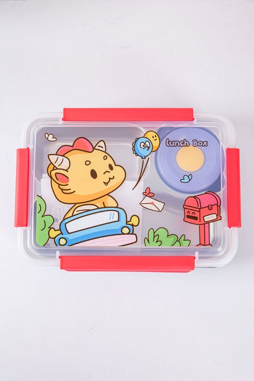 حافظة طعام مدرسية متعددة الألوان مقسمة و مزينة برسومات كرتونية مع ملعقة و شوكة بلاستيك