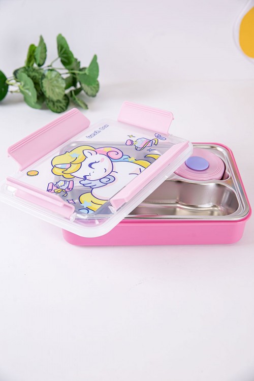 حافظة طعام مدرسية متعددة الألوان مقسمة و مزينة برسومات كرتونية مع ملعقة و شوكة بلاستيك