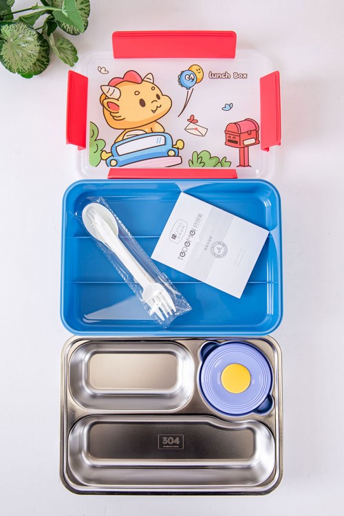 حافظة طعام مدرسية متعددة الألوان مقسمة و مزينة برسومات كرتونية مع ملعقة و شوكة بلاستيك