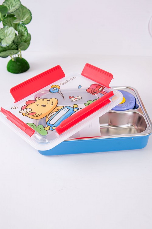 حافظة طعام مدرسية متعددة الألوان مقسمة و مزينة برسومات كرتونية مع ملعقة و شوكة بلاستيك