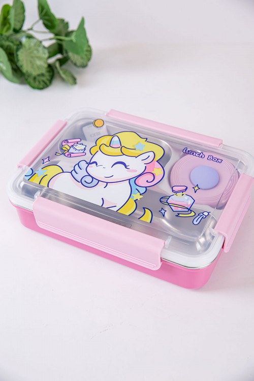 حافظة طعام مدرسية متعددة الألوان مقسمة و مزينة برسومات كرتونية مع ملعقة و شوكة بلاستيك