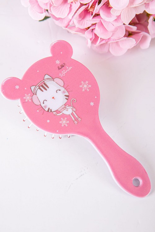 فرشاة شعر بناتي لون وردي على شكل قطة مزينة برسومات كرتونية