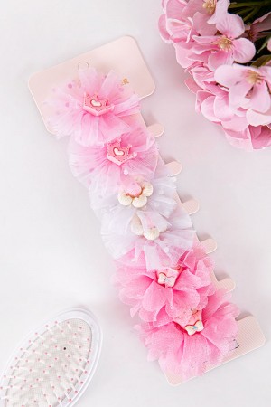 ربطة شعر 6 حبات على شكل ورود مزيج من اللون الوردي الفاتح و الغامق و الأبيض