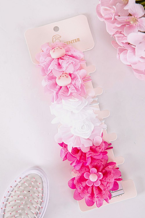 ربطة شعر 6 حبات على شكل ورود مزيج من اللون الوردي الفاتح و الغامق و الأبيض