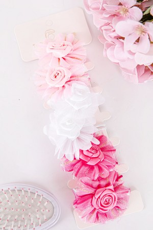 ربطة شعر 6 حبات على شكل ورود مزيج من اللون الوردي الفاتح و الغامق و الأبيض