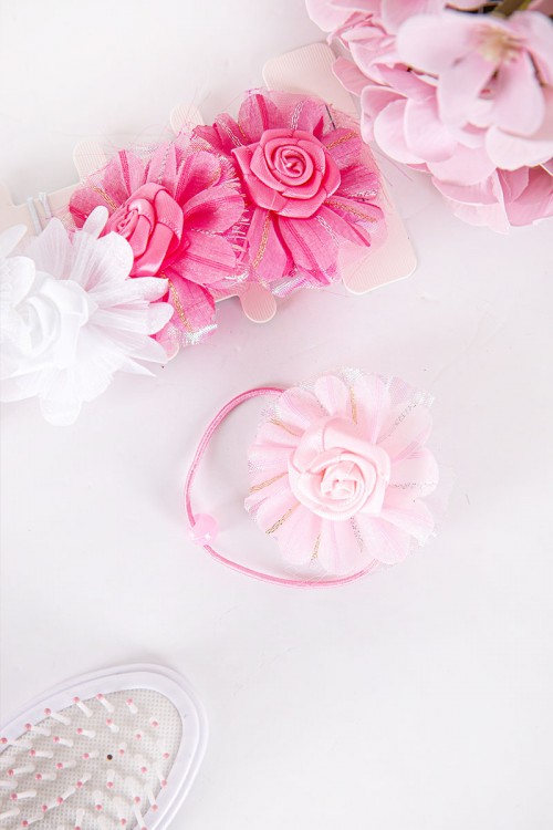 ربطة شعر 6 حبات على شكل ورود مزيج من اللون الوردي الفاتح و الغامق و الأبيض