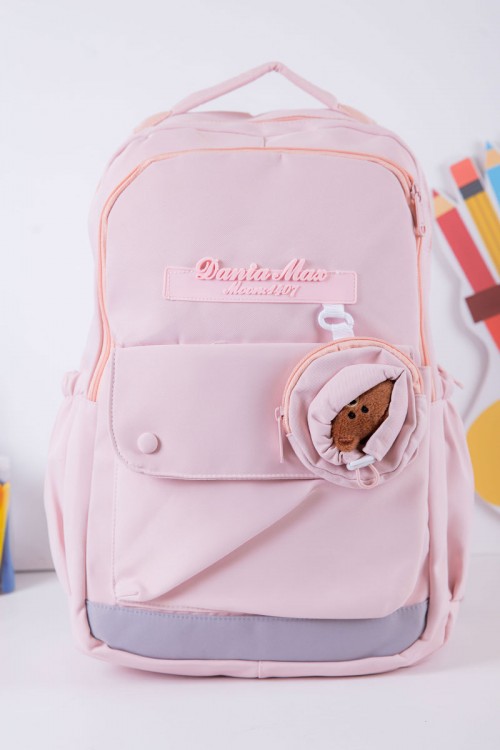 شنطة ظهر مدرسية بناتي لون وردي بجيوب متعددة مع محفظة دائرية