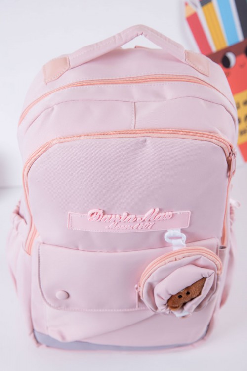 شنطة ظهر مدرسية بناتي لون وردي بجيوب متعددة مع محفظة دائرية