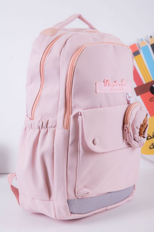 شنطة ظهر مدرسية بناتي لون وردي بجيوب متعددة مع محفظة دائرية