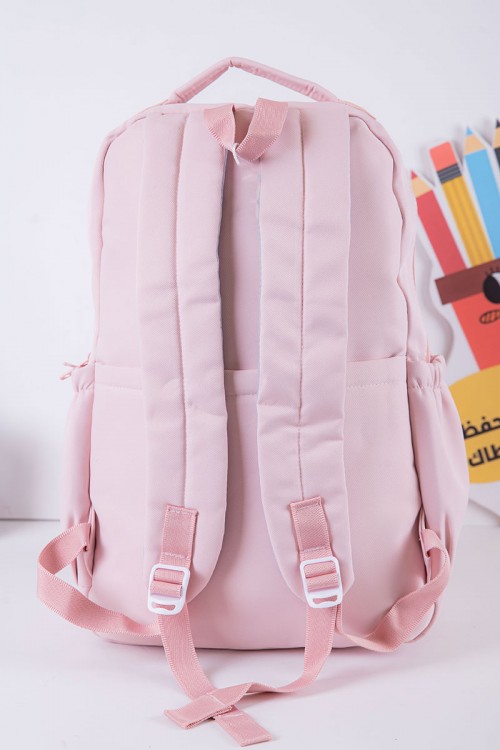 شنطة ظهر مدرسية بناتي لون وردي بجيوب متعددة مع محفظة دائرية