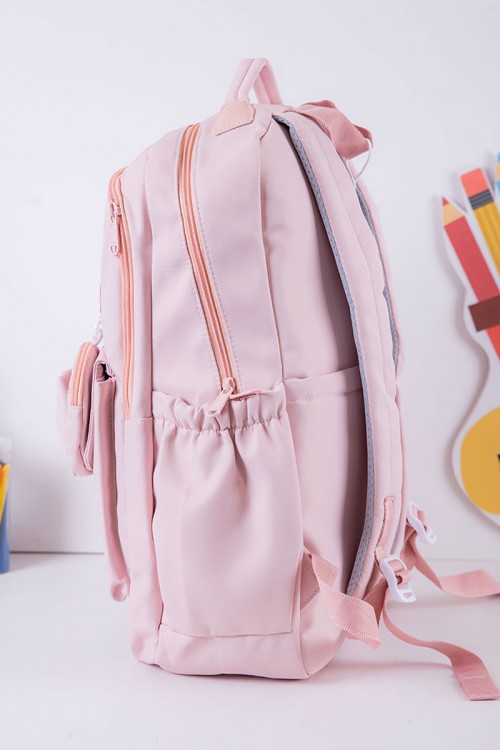 شنطة ظهر مدرسية بناتي لون وردي بجيوب متعددة مع محفظة دائرية