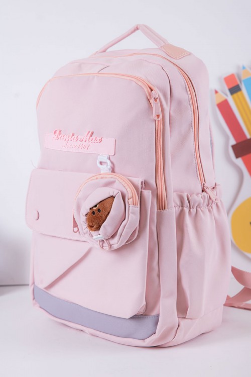 شنطة ظهر مدرسية بناتي لون وردي بجيوب متعددة مع محفظة دائرية