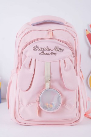 شنطة ظهر مدرسية بناتي لون وردي بجيوب متعددة مع محفظة دائرية