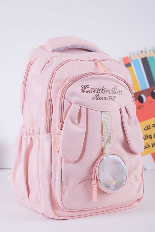شنطة ظهر مدرسية بناتي لون وردي بجيوب متعددة مع محفظة دائرية