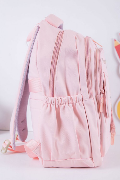 شنطة ظهر مدرسية بناتي لون وردي بجيوب متعددة مع محفظة دائرية
