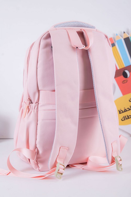 شنطة ظهر مدرسية بناتي لون وردي بجيوب متعددة مع محفظة دائرية