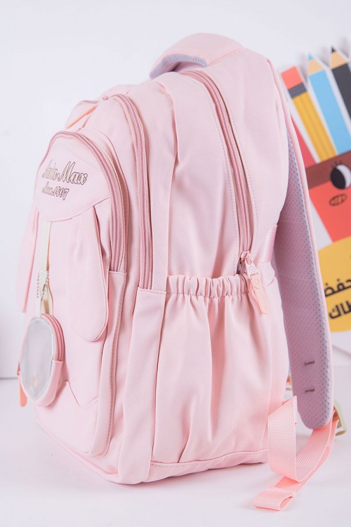 شنطة ظهر مدرسية بناتي لون وردي بجيوب متعددة مع محفظة دائرية