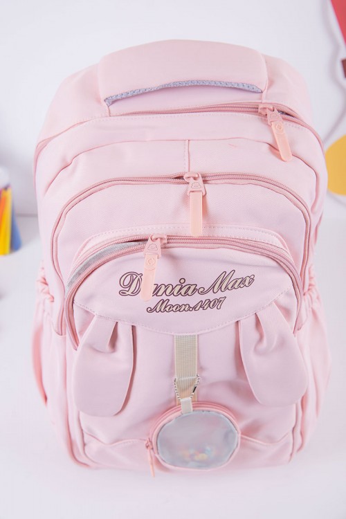 شنطة ظهر مدرسية بناتي لون وردي بجيوب متعددة مع محفظة دائرية