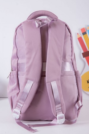 شنطة ظهر مدرسية بناتي لون موف فاتح بجيوب متعددة مع محفظة صغيرة