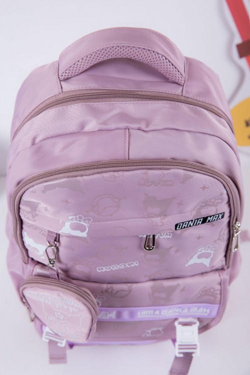 شنطة ظهر مدرسية بناتي لون موف فاتح بجيوب متعددة مع محفظة صغيرة