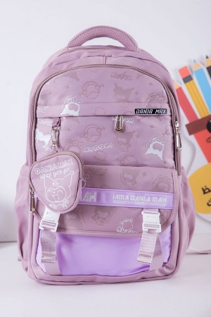 شنطة ظهر مدرسية بناتي لون موف فاتح بجيوب متعددة مع محفظة صغيرة