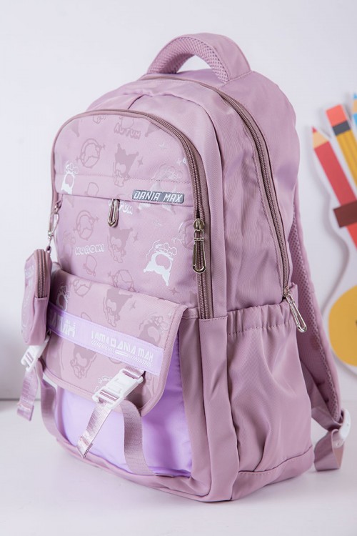 شنطة ظهر مدرسية بناتي لون موف فاتح بجيوب متعددة مع محفظة صغيرة