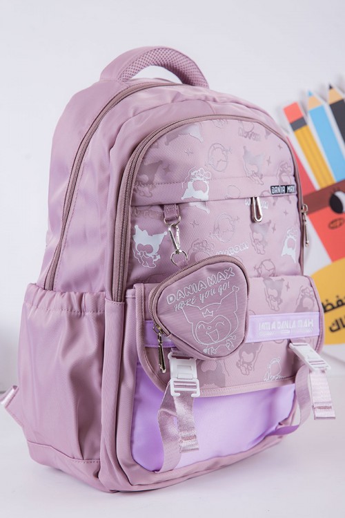 شنطة ظهر مدرسية بناتي لون موف فاتح بجيوب متعددة مع محفظة صغيرة