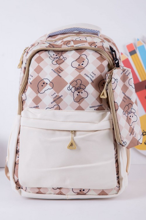 شنطة ظهر مدرسية بناتي لون بيج مزينة برسومات و كتابات بجيوب متعددة مع مقلمة