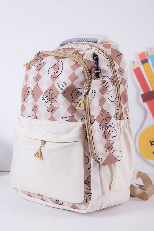 شنطة ظهر مدرسية بناتي لون بيج مزينة برسومات و كتابات بجيوب متعددة مع مقلمة