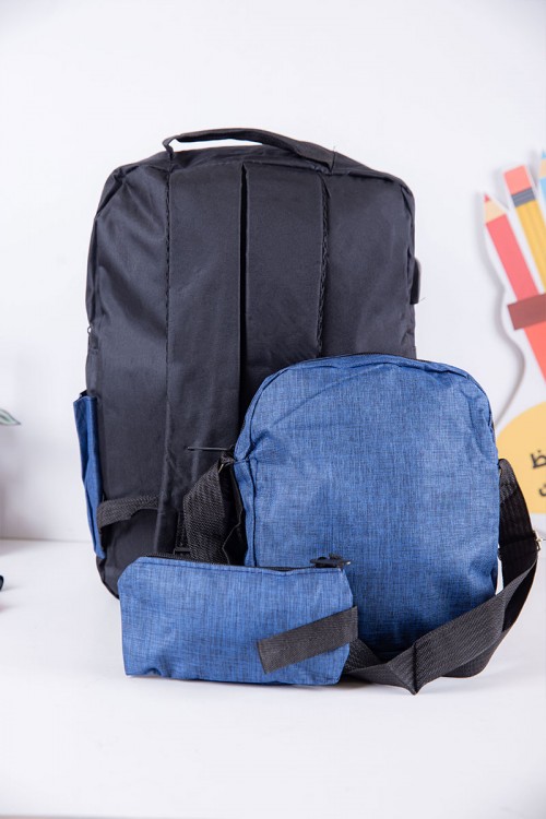 طقم شنط مدرسية 3 قطع لون أسود و أزرق بجيوب متعددة