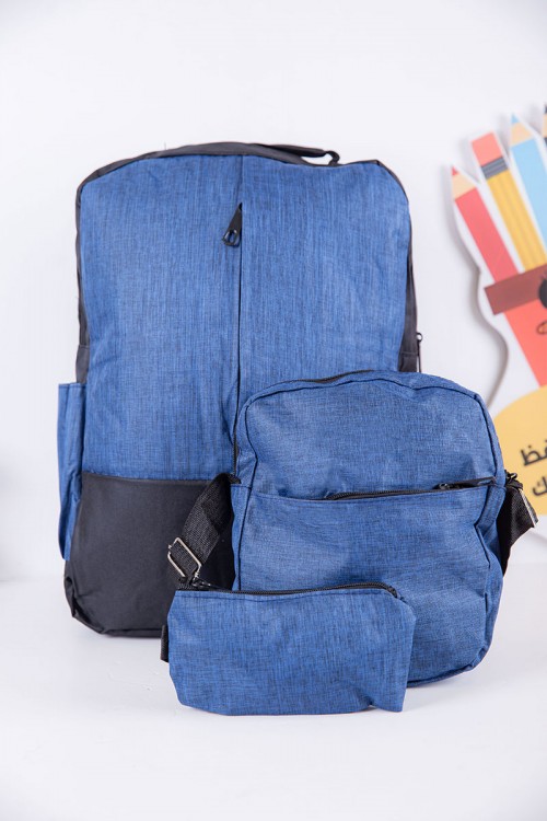 طقم شنط مدرسية 3 قطع لون أسود و أزرق بجيوب متعددة