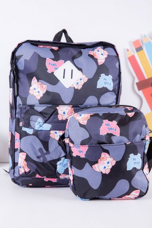 طقم شنط مدرسية قطعتين لون أسود و رصاصي مزينة برسومات كرتونية بجيوب متعددة