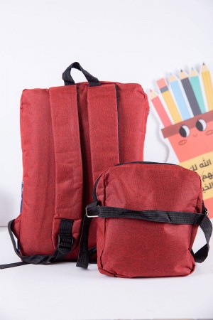 طقم شنط مدرسية قطعتين لون أحمر و كحلي مزينة برسومات كرتونية بجيوب متعددة