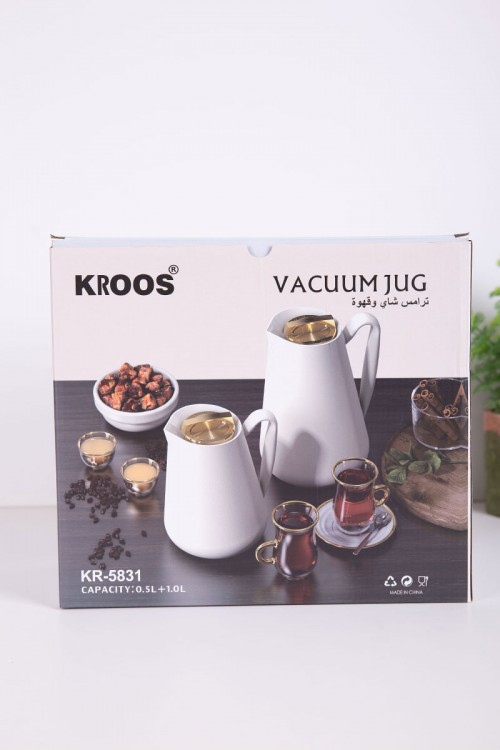 طقم 2 ترامس للقهوة و الشاي لون رمادي بغطاء باللون الذهبي حافظ للحرارة و البرودة بسعة 1.5 لتر