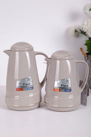 طقم 2 ترامس للقهوة و الشاي لون بيج غامق حافظ للحرارة و البرودة بسعة 1.6 لتر