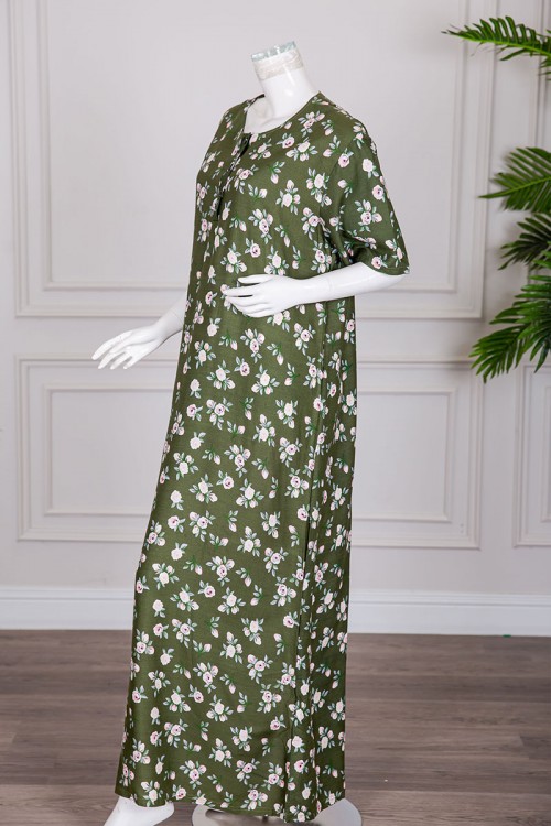 قميص نسائي طويل لون زيتي مشجر بياقة دائرية بأزرار من الأمام ذو أكمام قصيرة