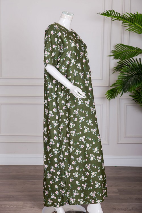 قميص نسائي طويل لون زيتي مشجر بياقة دائرية بأزرار من الأمام ذو أكمام قصيرة